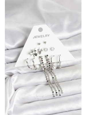 Shoplet Buğz Pirinç Gümüş Renk 6 Çift Kadın Küpe