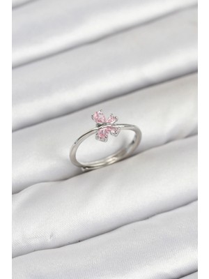 Shoplet Buğz Pirinç Gümüş Renk Pembe Kelebek Kadın Yüzük