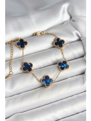 Shoplet Buğz 316L Çelik Sedefli Lacivert Gold Renk Yonca Kadın Bileklik