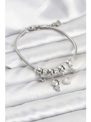 Shoplet Buğz Pirinç Gümüş Renk Uzay Tema Charmlı Kadın Bileklik