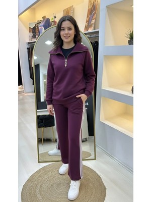 Nuss 1093 Şerit Desenli Pantolonlu Takım - Mürdum