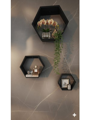 Safir Design 3'lü Dekoratif Altıgen Duvar Rafı Seti - Modern Renk Seçenekli Geometrik Petek Raf