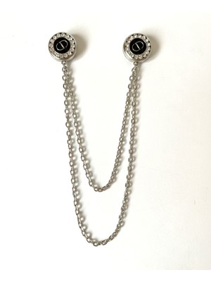 Aliva Scarf Gümüş Renkli Çift Zincirli Taş Detaylı Yaka Iğnesi Broş