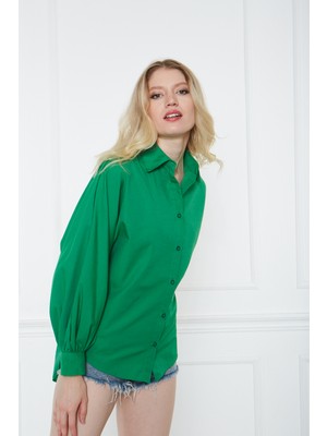 Comstar Kadın Trend Balon Kol Düğmeli Basic Yeşil Tunik Gömlek