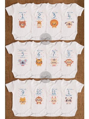 Overoz Her Aya Özel Sevimli Hayvanlar Baskılı 12'li Aylık Beyaz Kısa Kollu Bebek Body Seti AY011