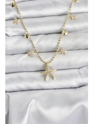 Shoplet Buğz Pirinç Gold Renk Zirkon Taşlı Deniz Yıldızı Model Kadın Kolye