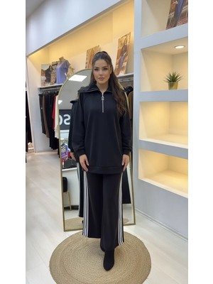 Nuss 1093 Şerit Desenli Pantolonlu Takım - Siyah