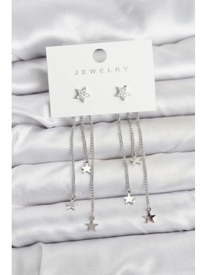 Shoplet Buğz Yıldız Model Gümüş Renk Pirinç Sallantılı Kadın Küpe