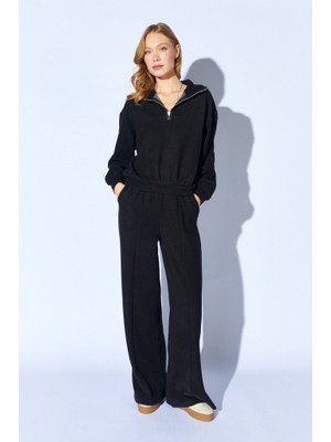 CGA Kadın Siyah Spor Takım Eşofman Takım Siyah Yarım Fermuarlı Sweatshirt-Beli Lastikli Kordon Detaylı Pantolon Takım