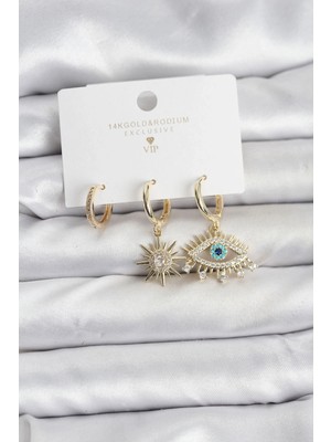 Shoplet Buğz Göz Model Gold Renk Pirinç 3'lü Kadın Küpe Seti
