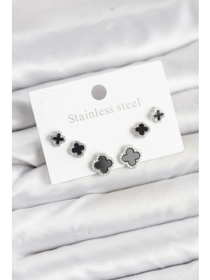 Shoplet Buğz 316L Çelik Gümüş Renk Zirkon Taşlı Yonca Model Kadın Küpe Seti