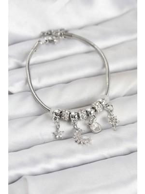 Shoplet Buğz Pirinç Gümüş Renk Ay Charm Model Charmlı Kadın Bileklik