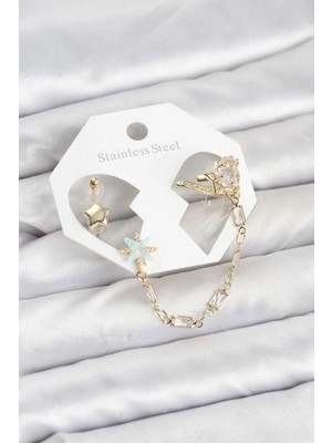 Shoplet Buğz Yıldız Model Pirinç Gold Renk Zincir Bağlantılı Ear Cuff Küpe Seti