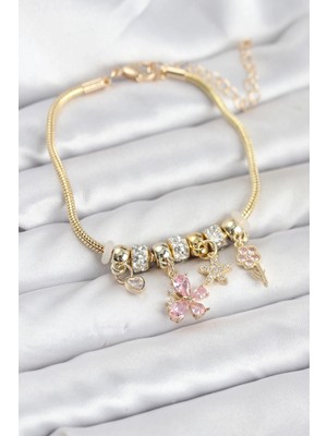 Shoplet Buğz Pirinç Gold Renk Pembe Kelebek Charmlı Kadın Bileklik