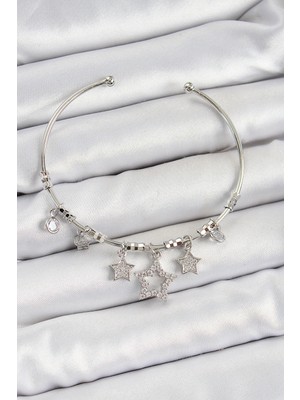 Shoplet Buğz Pirinç Zirkon Taşlı Yıldız Model Gümüş Renk Charm Bileklik