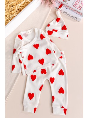 Babymod Kalp Desenli Kendinden Eldivenli 3'lü Kız Bebek Hastane Çıkışı Bebek Takımı
