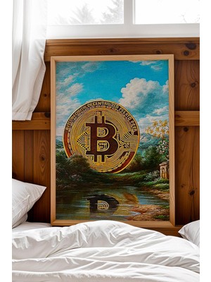 Satürn Design Bitcoin Gold Kripto Para Çerçeveli Tablo Modern Finans Sanatı Modifiye Sanat