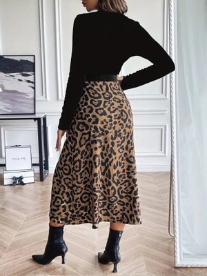 Serac Collection Kadın Uzun Kollu Bisiklet Yaka Ithal Krep Bluz Alt Desenli Modal Midi Elbise