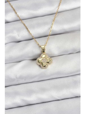 Shoplet Buğz 316L Çelik Zincir Gold Renk Zirkon Taşlı Yonca Model Kadın Kolye
