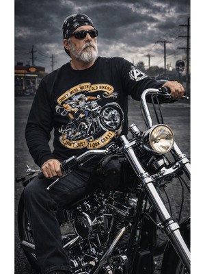 Aybaak Fit Classic Oldman Motorsiklet Baskılı Uzun Kol Tişört