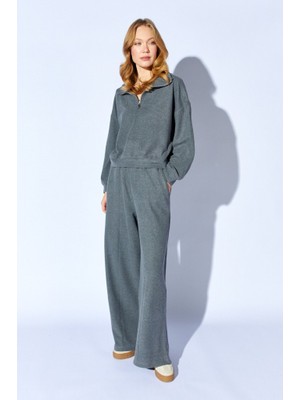 CGA Kadın Eşofman Takım Spor Takım Antrasit Yarım Fermuarlı Sweatshirt-Beli Lastikli Kordon Detaylı Pantolon Takım