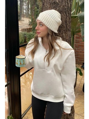 Ckm Moda Royal Yüksek Kalite Kadın Fermuar Detaylı Oversize Sweatshirt Beyaz