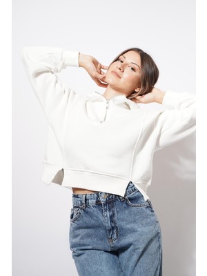 Ckm Moda Darli Fermuarlı Kapşonlu Sweat Beyaz