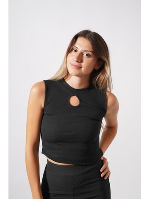 Ckm Moda Chester Yüksek Kalite Kadın Yaka Detaylı Fitilli Crop Örme Bluz  Siyah