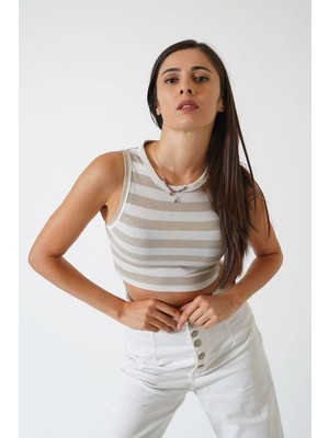 Ckm Moda Adrian Yüksek Kalite Kadın Yuvarlak Yaka Çizgili Crop Bluz  Ekru