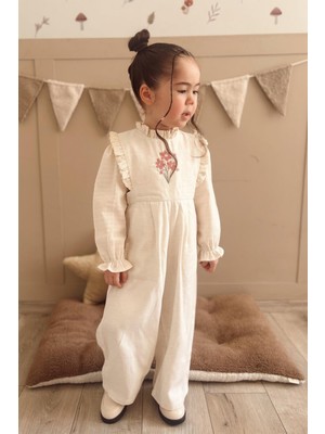 Çiçek Nakışlı Dantel Detaylı Tulum Bej