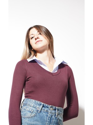 Ckm Moda Minaly Gömlek Detay Bluz  Bordo