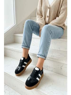 Divolya Samba Siyah Süet Yanları Çizgili Spor Ayakkabı Sneaker