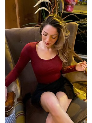 Ckm Moda Jessica Yüksek Kalite Kadın Geniş Yaka Basic Body  Bordo