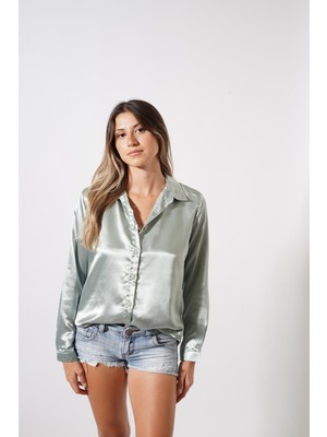 Ckm Moda Tesra Yüksek Kalite Kadın Saten Gömlek Çağla Yeşil