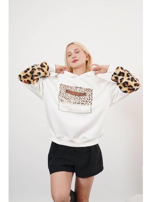 Ckm Moda Blais Yüksek Kalite Kadın Leopar Kol Detaylı Sweat  Beyaz