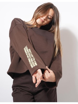 Ckm Moda Wonders Arkası ve Kolu Yazılı Sweat Kahve