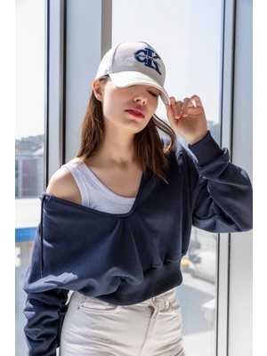 Ckm Moda Bj Raze Yüksek Kalite Kadın Kapüşonlu V Yaka Crop Kalın Içi Polarlı Örme Sweatshirt Lacivert