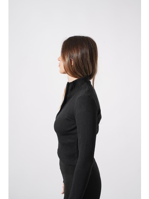 Ckm Moda Bianca Yüksek Kalite Kadın Bilek Detaylı Fermuarlı Crop Bluz Siyah