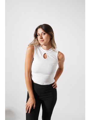 Ckm Moda Chester Yüksek Kalite Kadın Yaka Detaylı Fitilli Crop Örme Bluz  Beyaz