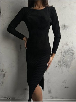 Ckm Moda Penny Yüksek Kalite Kadın Yırtmaçlı Triko Elbise  Siyah