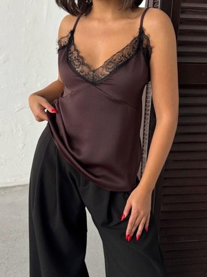 Ckm Moda Noiria Siyah Dantel Detaylı Saten Askılı Kadın Atlet Kahve