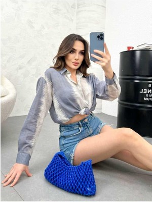 Ckm Moda Evans Yüksek Kalite Kadın Keten Oversize Gömlek Mavi Beyaz