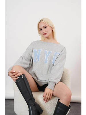 Ckm Moda Belda Yüksek Kalite Kadın Madonna Yaka Sweat  Gri