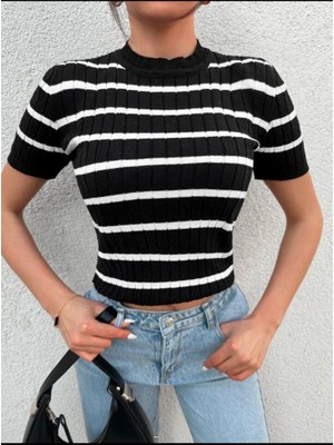 Ckm Moda Costa Yüksek Kalite Çizgili Kadın Bluz  Siyah