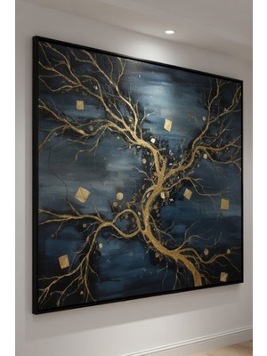 Safir Design Altın Detaylı Gökyüzü ve Ağaç Formlu Dekoratif Çerçeveli Tablo