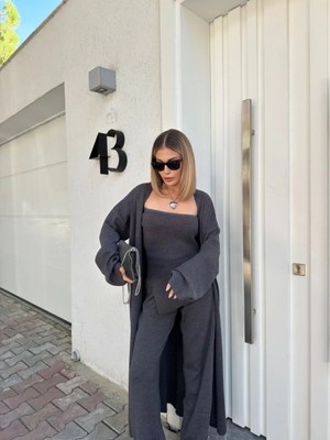 Kadın Triko 3 Parça Takım Straplez Üst Pantolon Uzun Hırka - Füme