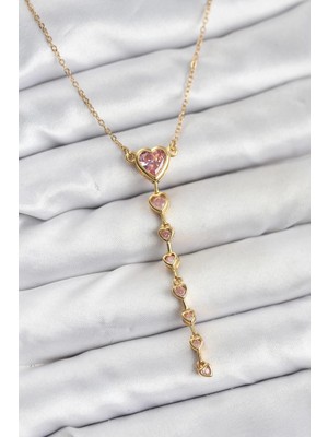 Shoplet Buğz 316L Çelik Zincir Gold Renk Pembe Kalp Kadın Kolye