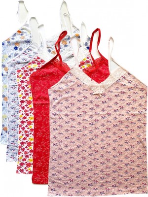 Marsilyan 5 Adet Kadın Askılı Desenli Atlet Dantelli Empirme Pamuklu Penye D6-10