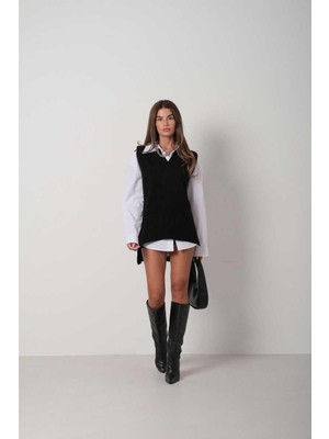 Ckm Moda Cora Yüksek Kalite Kadın V Yaka Oversize Süveter  Siyah