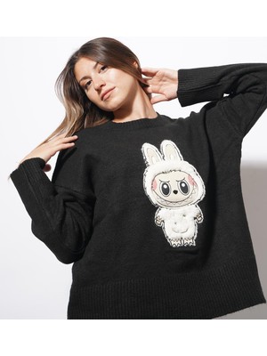 Ckm Moda Bunny Labubu Detaylı Triko Kazak Siyah